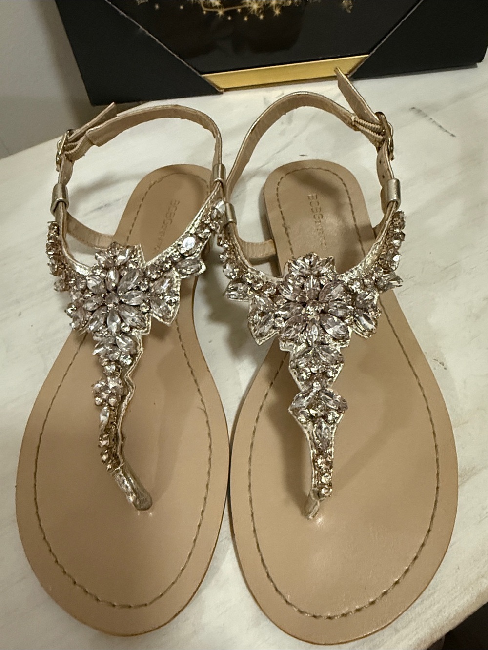 BCBGeneration Champagne Crystal T-Strap Sandals